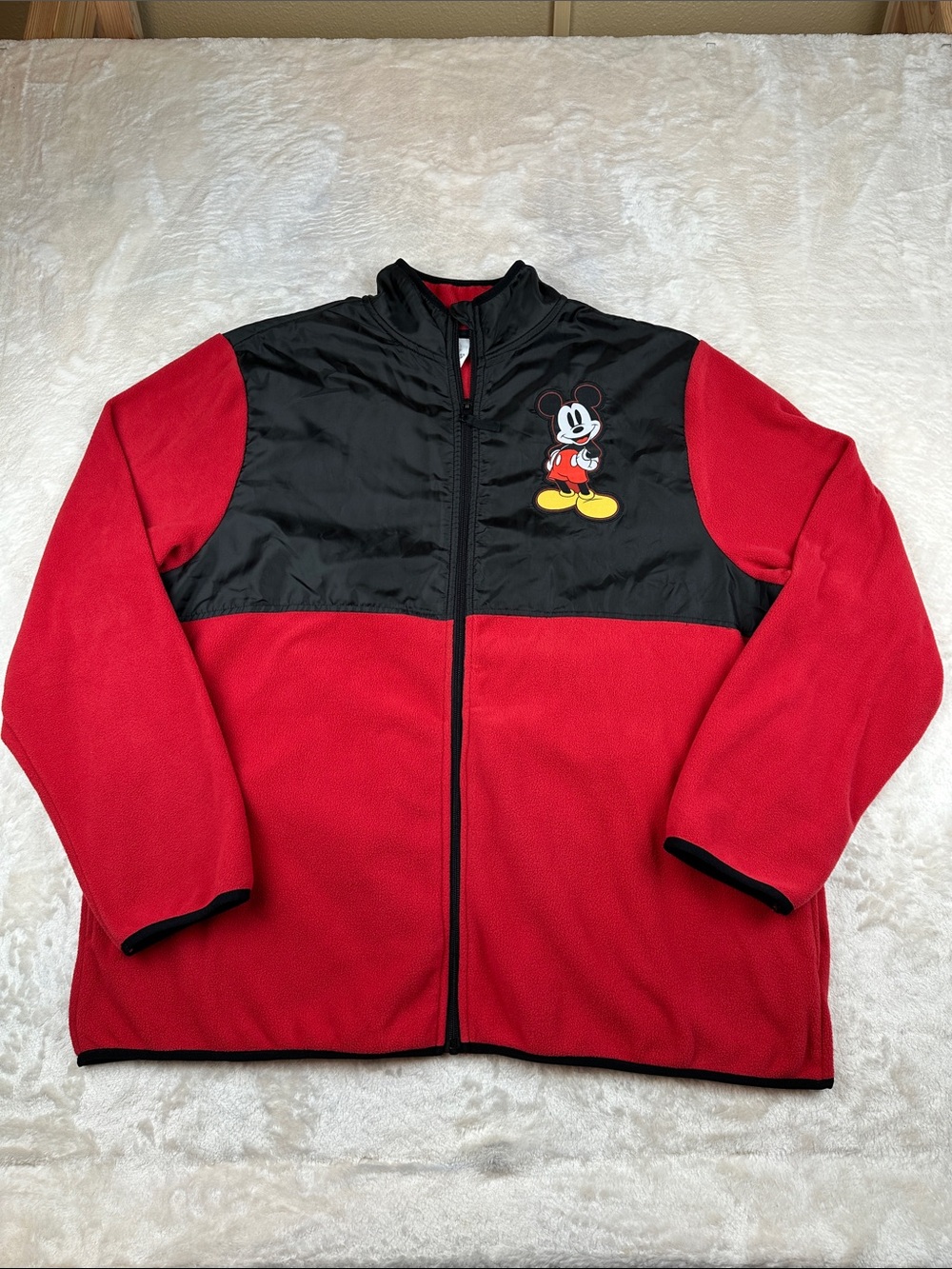 Disney Mickey Mouse Fleece Jacket Mens XL Red Black Full Zip Embroidered